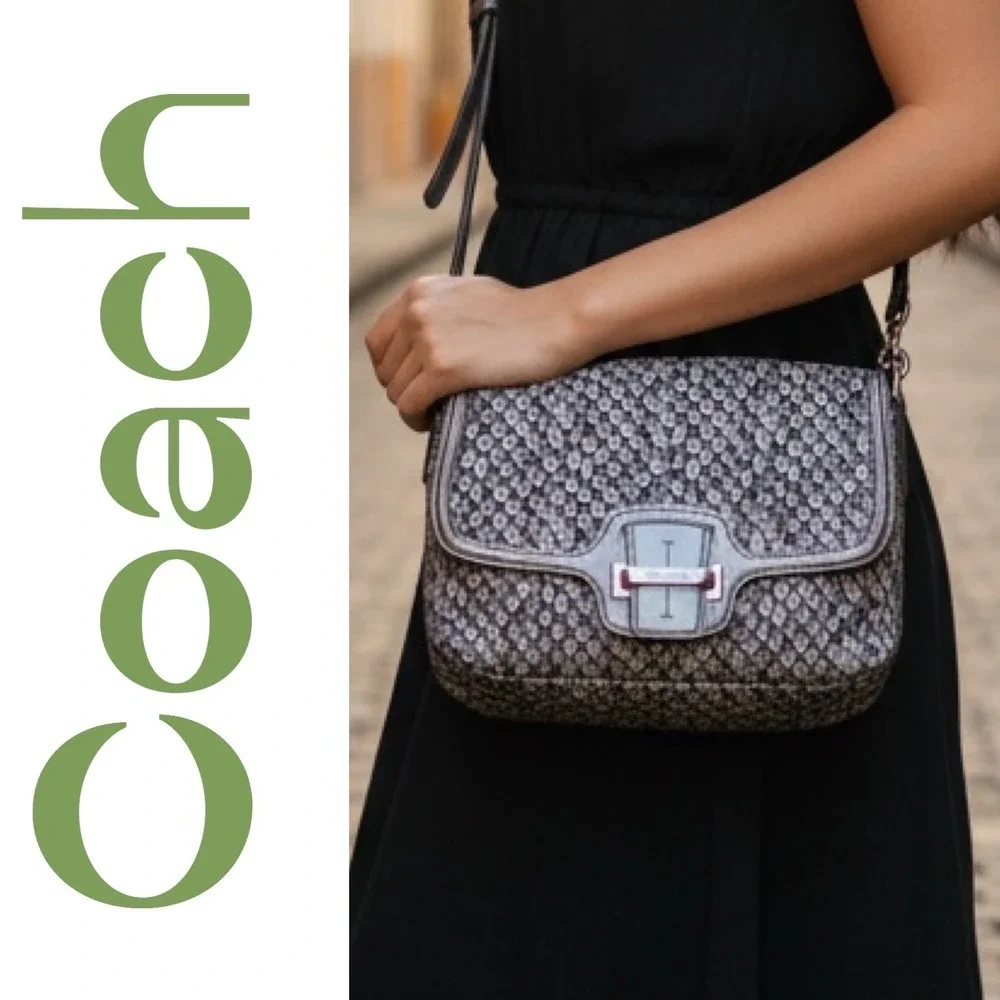 Coach Snakeskin Print Canvas Metallic Leather Shoulder Crossbody Satchel‎ Gray